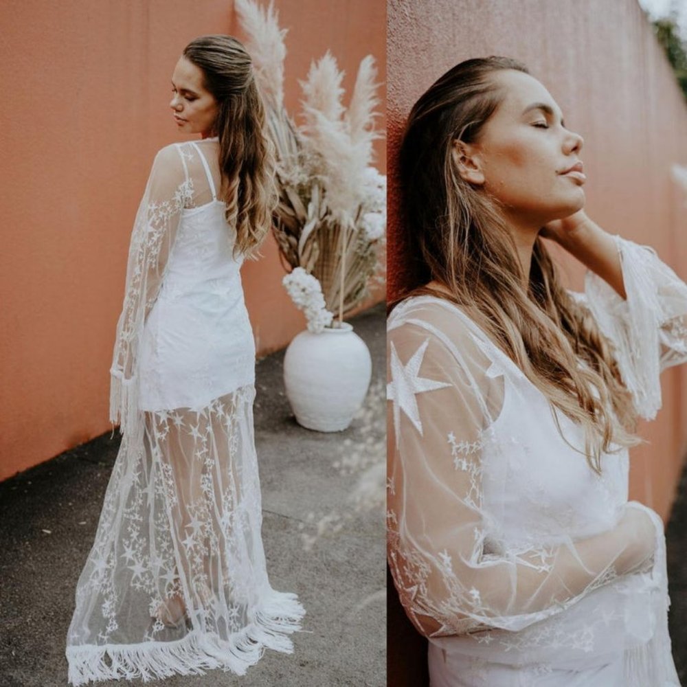 White Lace Star Kimono, Bridal Robe